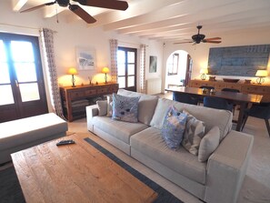 TV, lareira, livros, monitores de computador