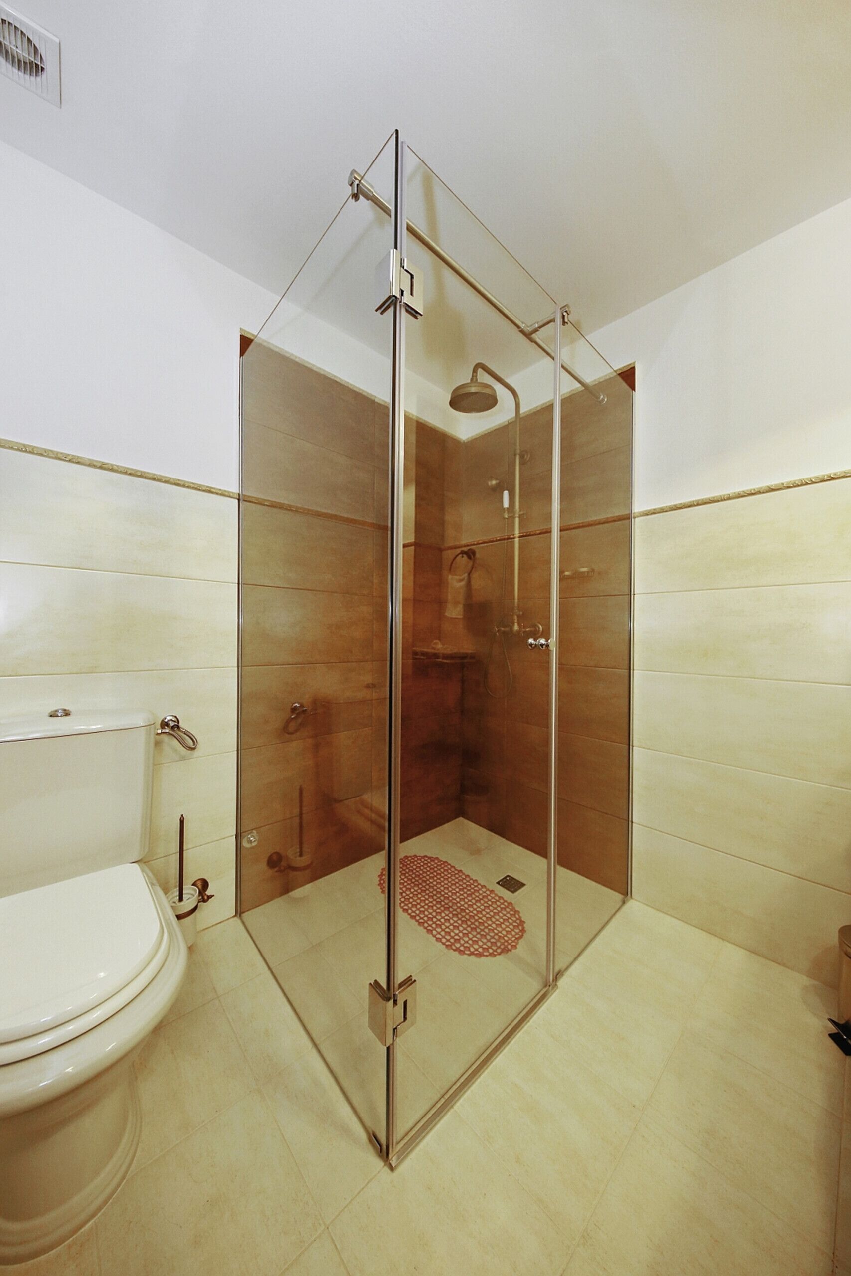 Une cabine de douche fermée par des parois en verre, dotée d’un pommeau de douche à main, de toilettes et d’un porte-serviettes.