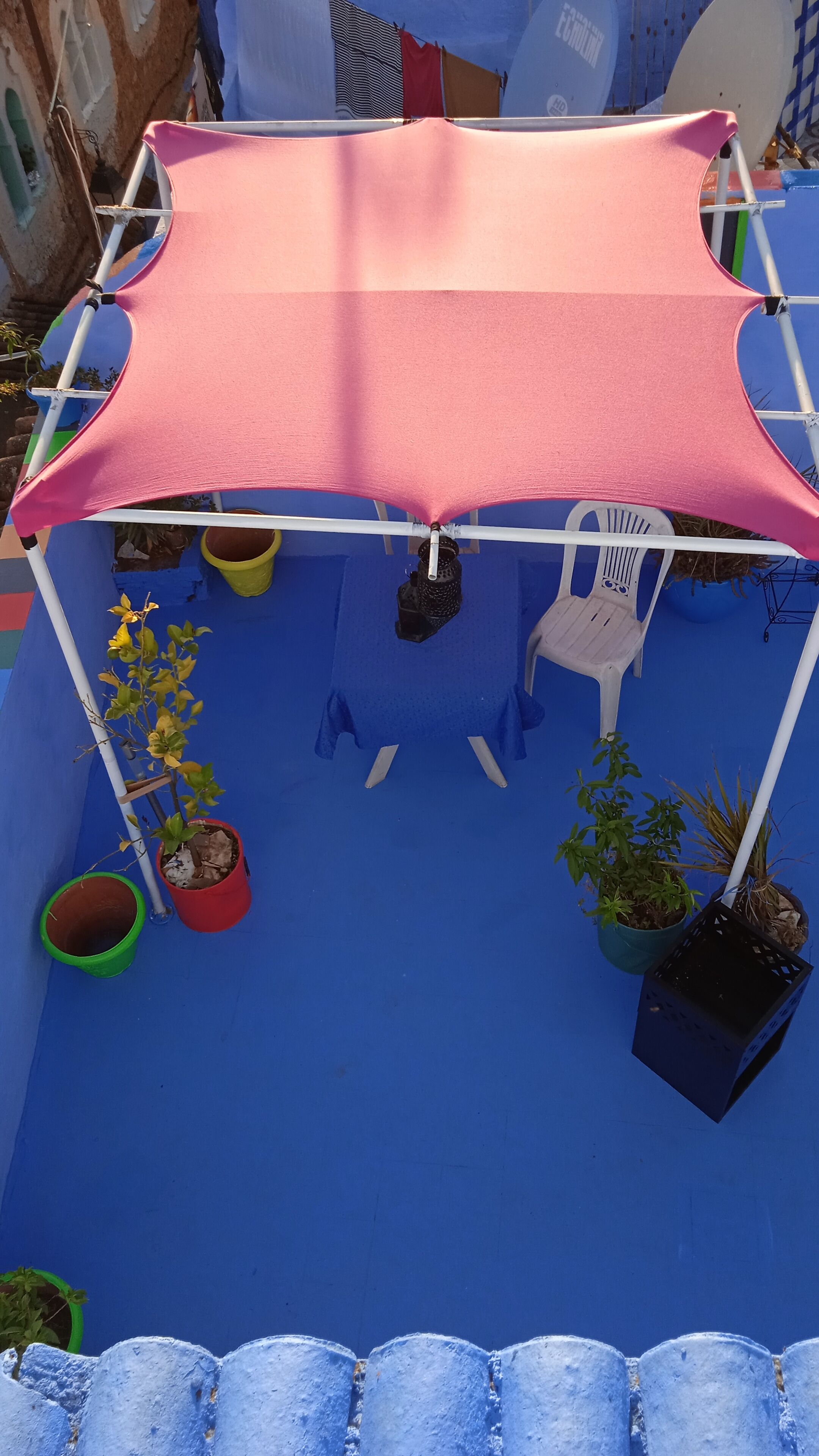 Un patio azul con un dosel rosa, sillas blancas y plantas en macetas.