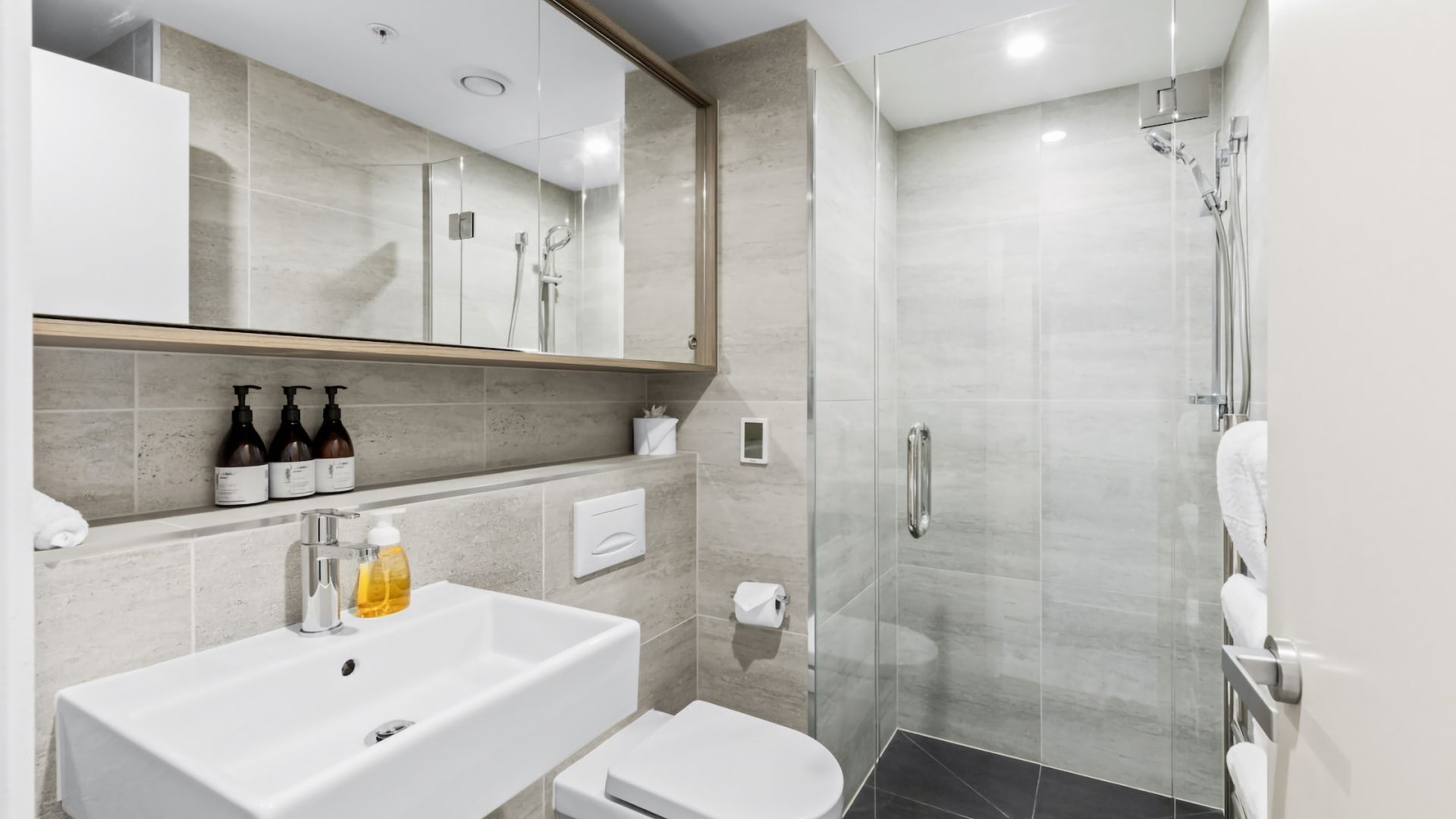 Shower, hair dryer, towels