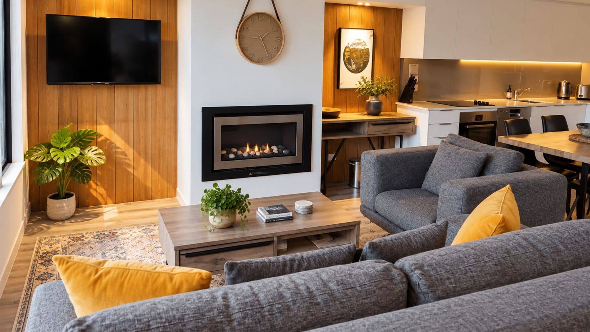 Ein modernes Wohnzimmer mit Kamin, Flachbildfernseher und Essbereich, im Hintergrund eine Küche.