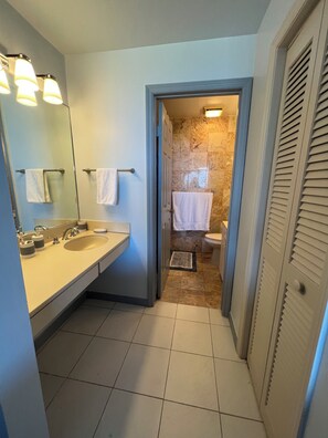 Shower, hair dryer, towels, toilet paper