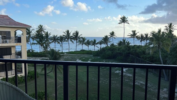 Un balcone con vista sul mare e sulle palme.