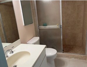 Douche, sèche-cheveux, serviettes fournies, papier toilette