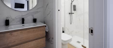 Shower, hair dryer, towels