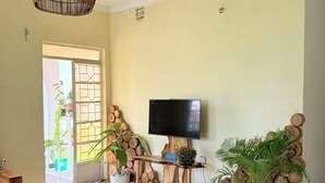 Un salon avec un téléviseur posé sur un meuble en bois, une suspension en rotin et une porte donnant sur un balcon agrémenté de plantes.