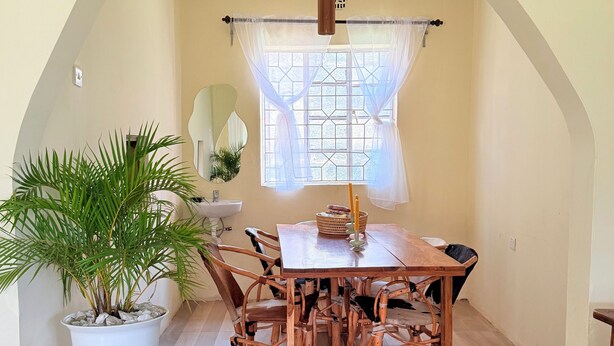 Un coin repas avec une table et des chaises en bois, une plante en pot et une fenêtre avec des rideaux.
