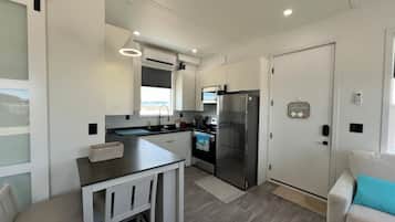 Frigorífico, microondas, horno y placa de cocina