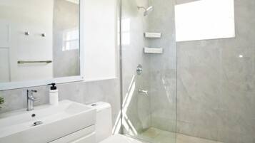 Shower, hair dryer, towels, soap