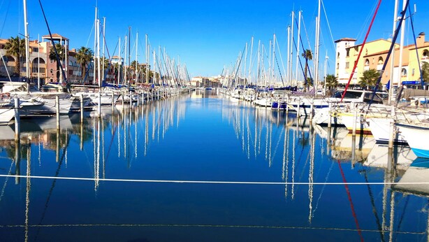 Ein Yachthafen mit zahlreichen Booten, die an der Wasserkante vertäut sind, umgeben von Gebäuden und Palmen.