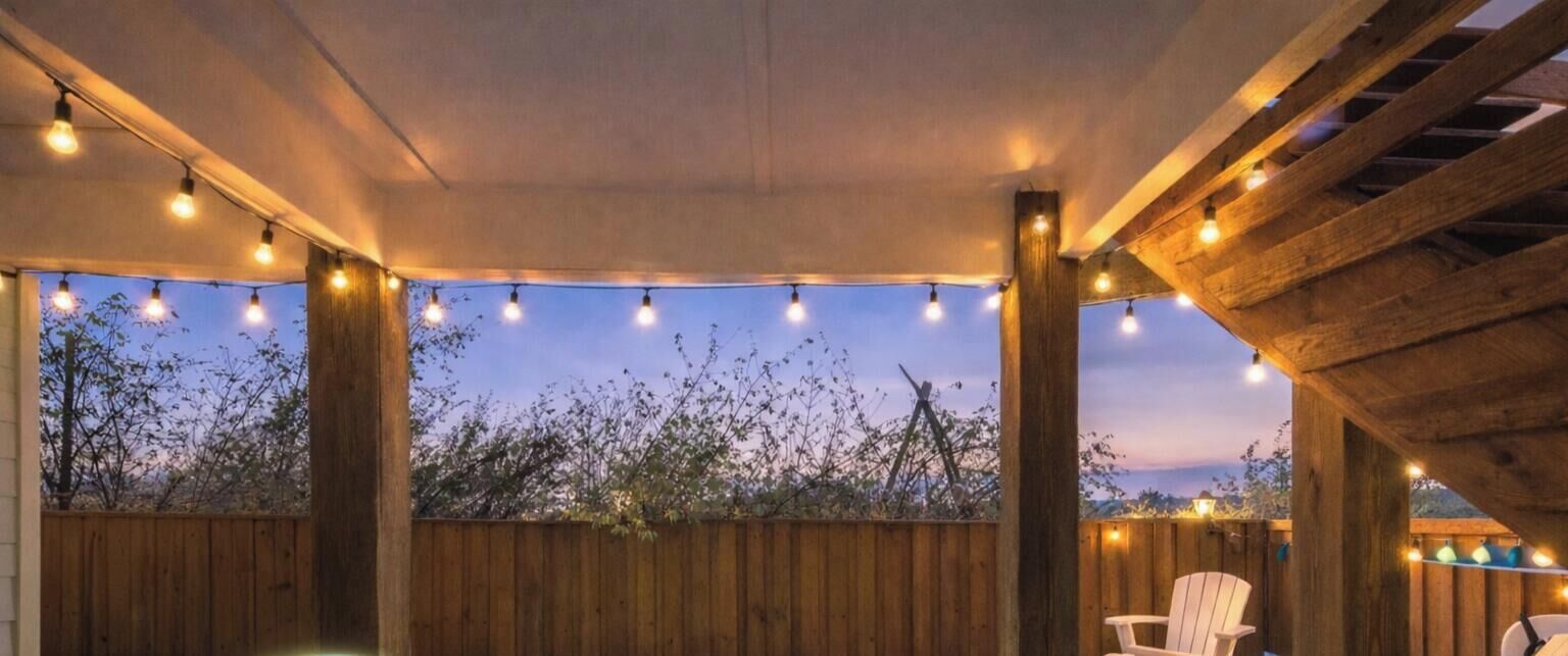 An outdoor pool area with wooden beams and string lights.