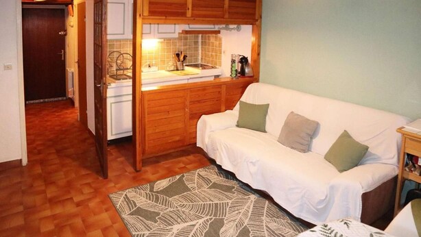 A compact living space with a kitchenette, a white sofa, and a patterned rug.