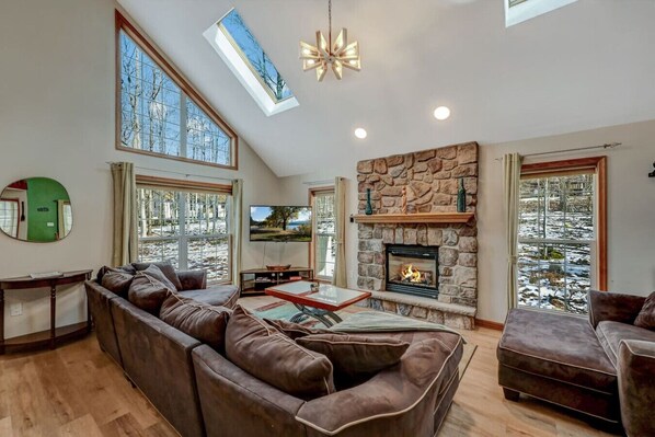 Télévision, cheminée, baby-foot, livres