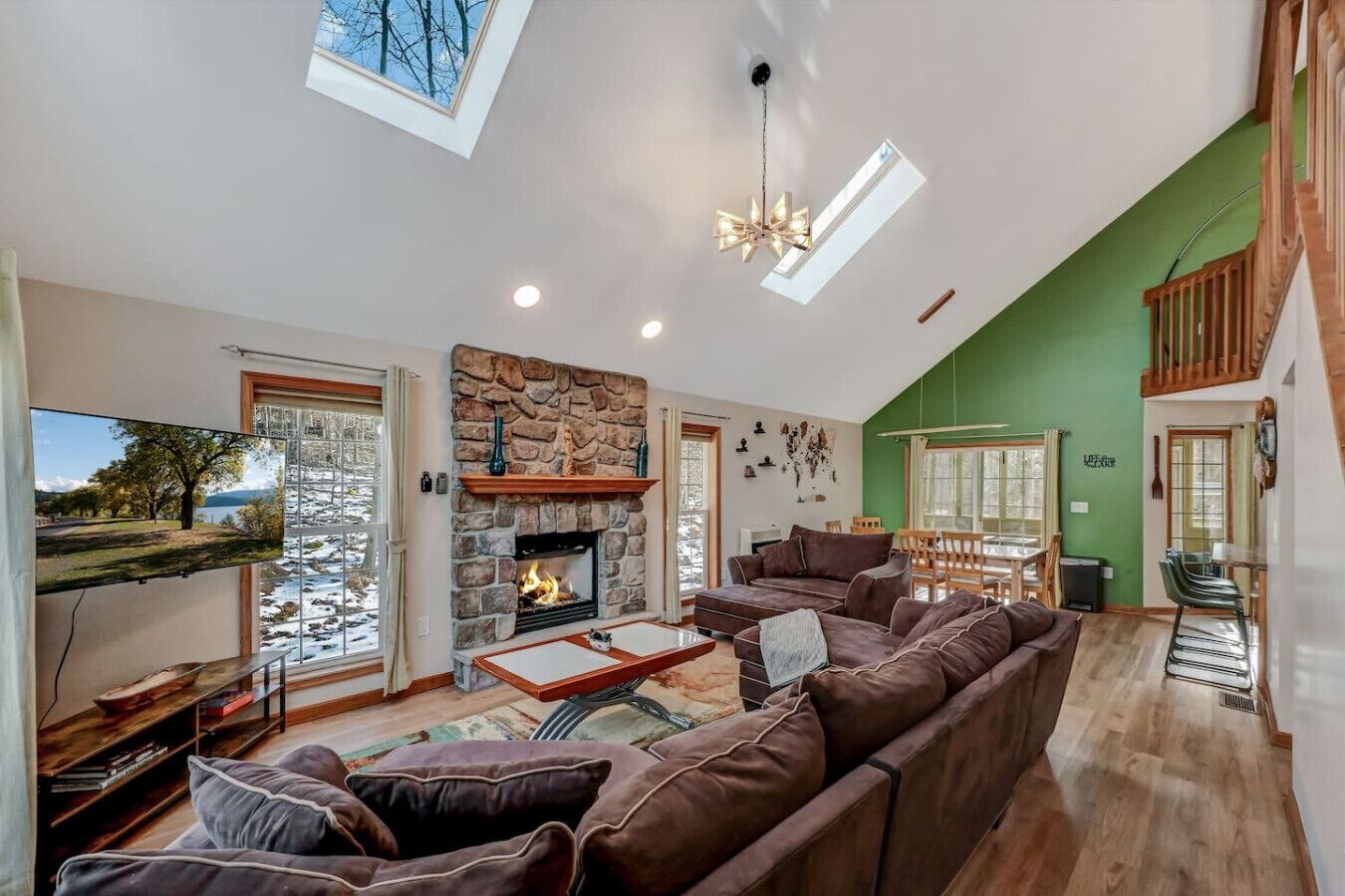 TV, fireplace, foosball, books