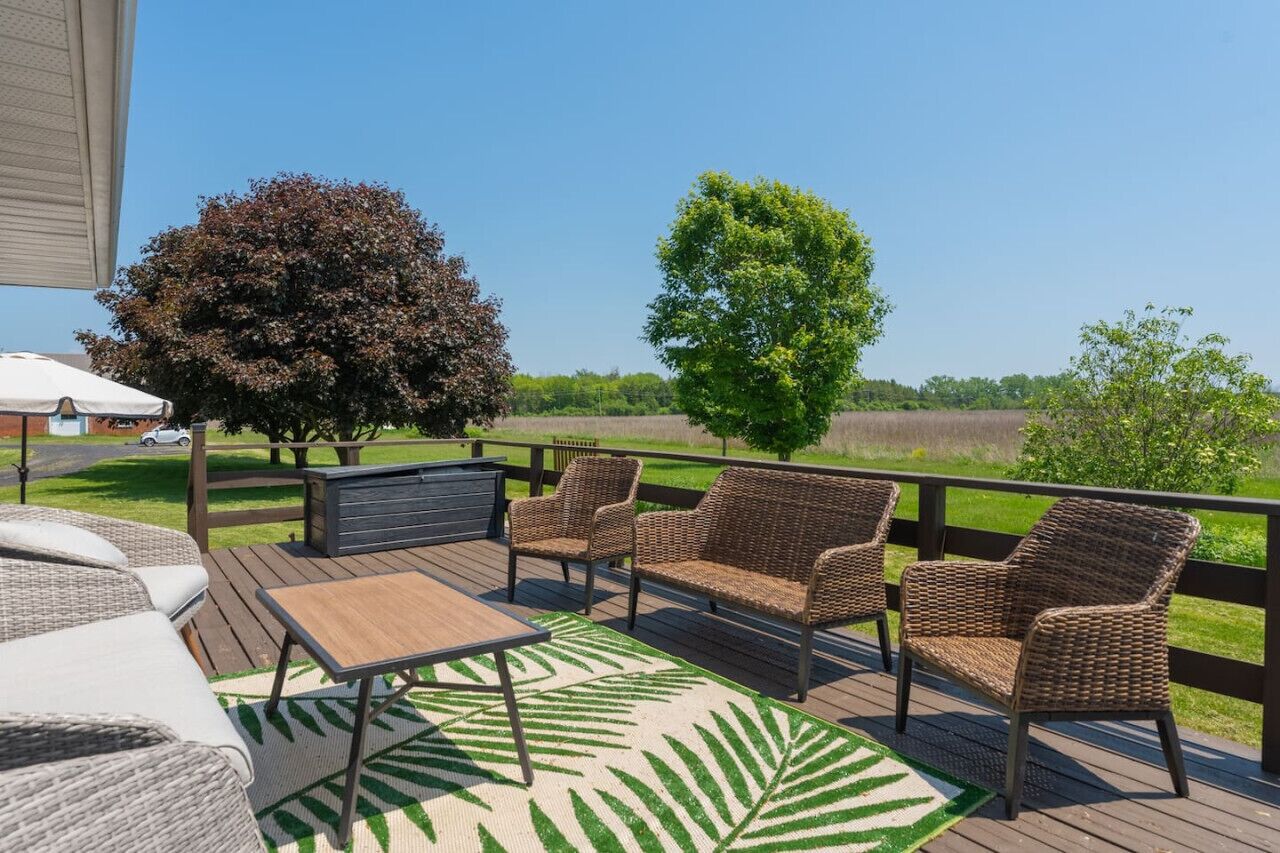 Une terrasse dotée de meubles en osier, d’une table et d’un tapis à motifs.