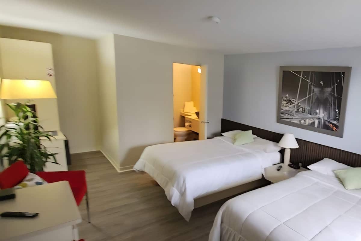 Une chambre d’hôtel avec deux lits, une table de chevet avec une lampe, un tableau au mur et une plante.