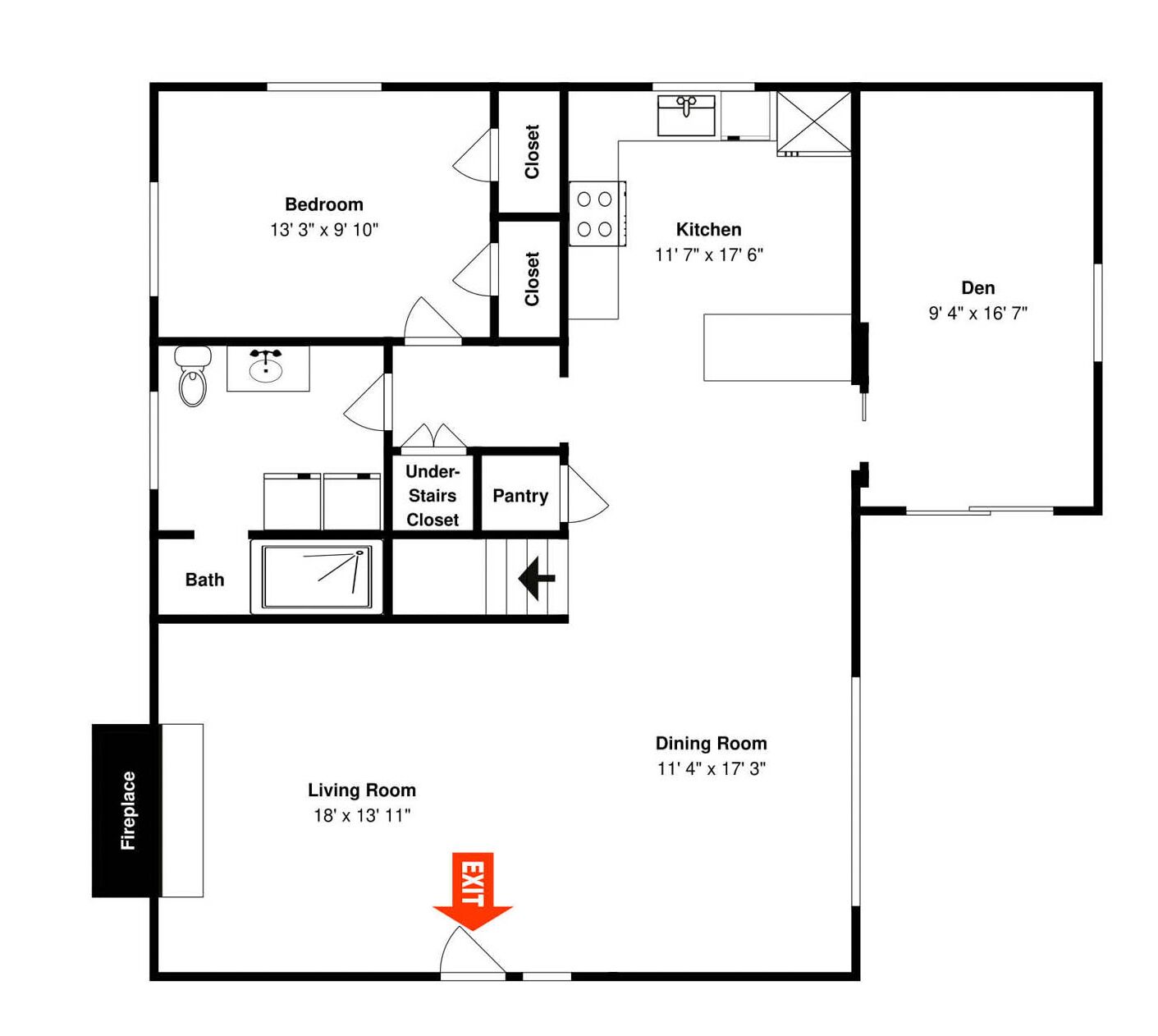 A floor plan with a bedroom, living room, dining room, kitchen, bathroom, and a wood deck.