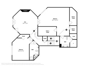 A floor plan with a den, two bedrooms, a closet, a walk-in closet, a bath, and linen storage. - Starlit Memories by Taylor Made Deep Creek (Swanton)