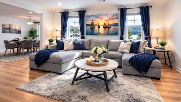 A living room with a sectional sofa, a coffee table, and a painting of a sunset over water. - Lake George Village -1 Block to Beach, Lake, Town. Newly Remodeled and Spacious. (Lake George)