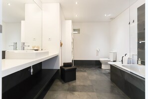 Hair dryer, bidet, towels, soap