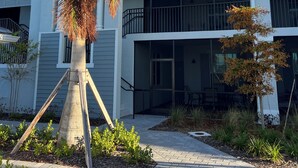 A modern two-story building with a balcony, a palm tree, and a well-maintained garden. - 2-bedroom condo  in Wellen Park Golf and Country Club with Golf Membership (Venice)