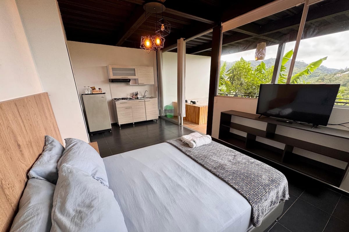 A bedroom with a bed, a TV, a kitchen, and a balcony with a view of greenery.