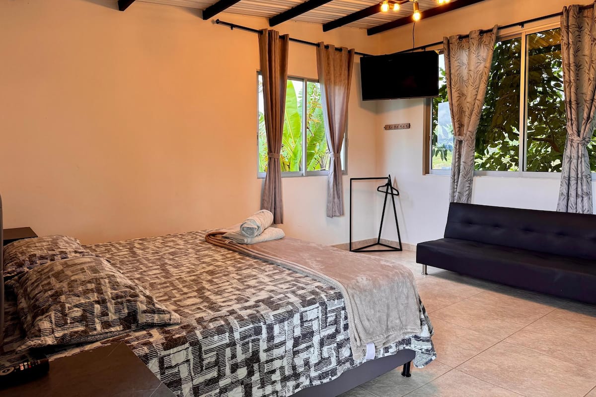 A bedroom with a bed, a sofa, a TV, and windows with curtains.