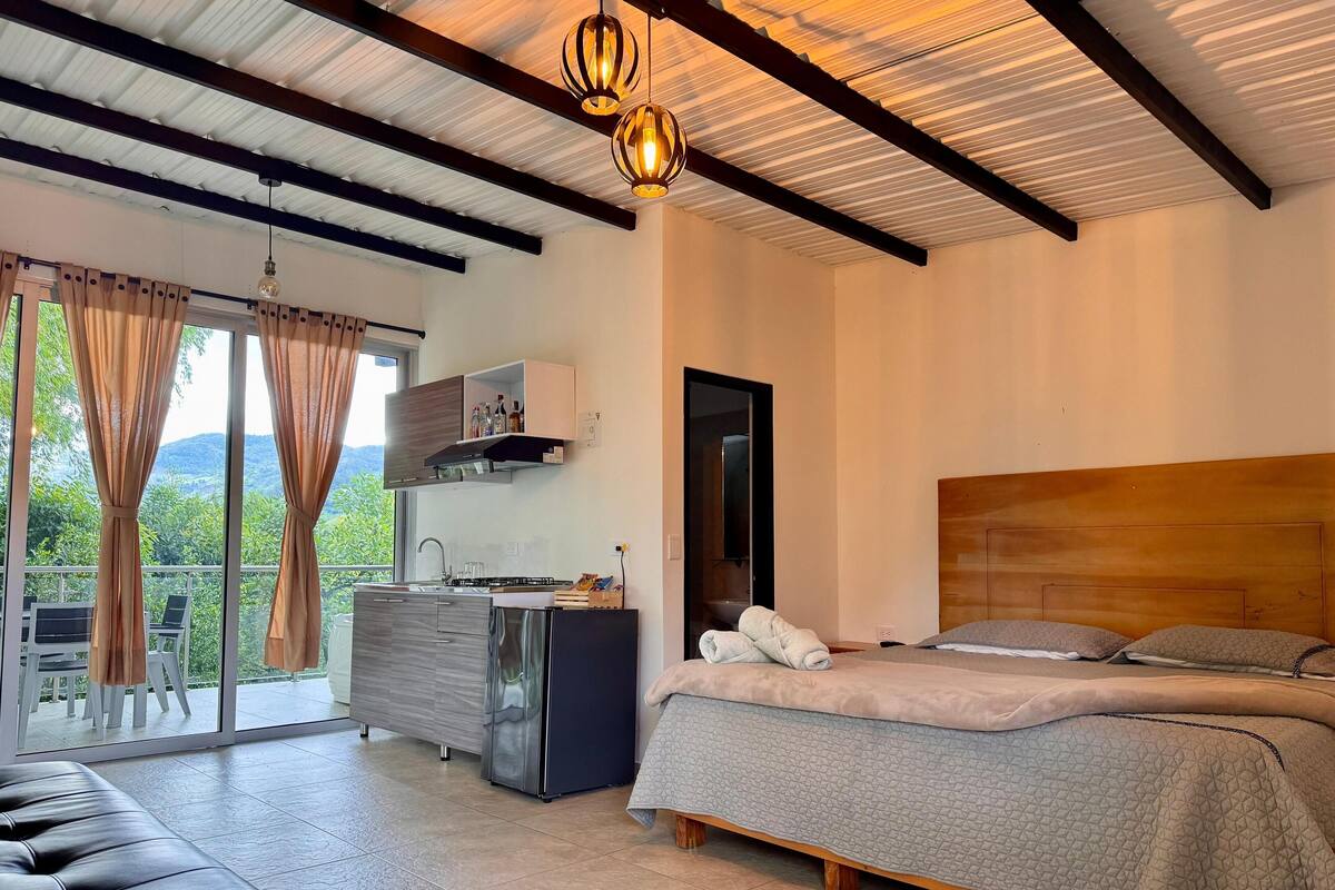 A bedroom with a bed, a wooden headboard, a nightstand, a dresser, a small kitchen area with a sink and cabinets, and a balcony with a view of greenery.
