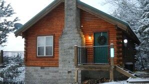 A log cabin with a chimney, a porch, and a green door.