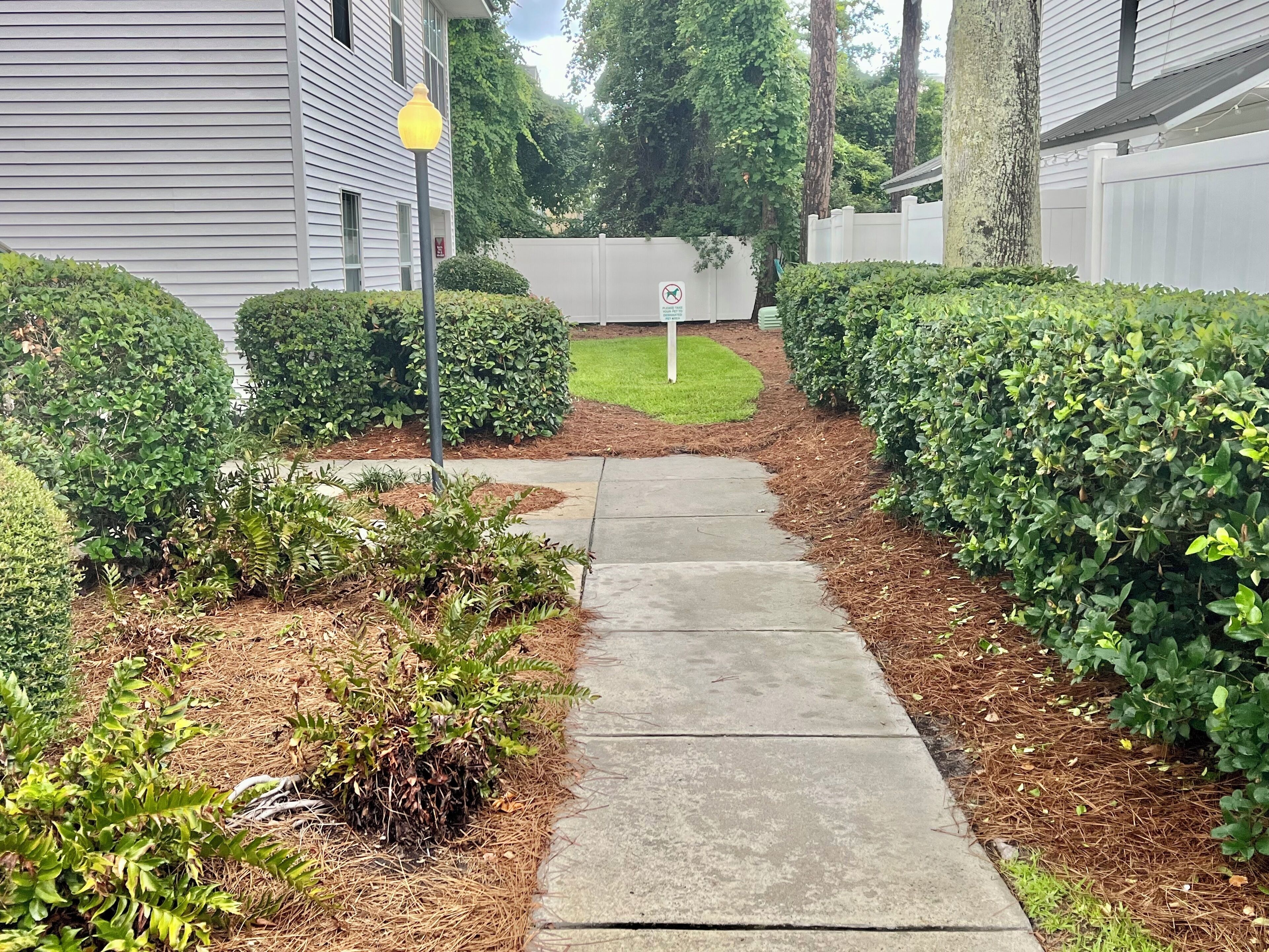 A pathway leading to a gated area with trimmed hedges and a sign indicating no parking.