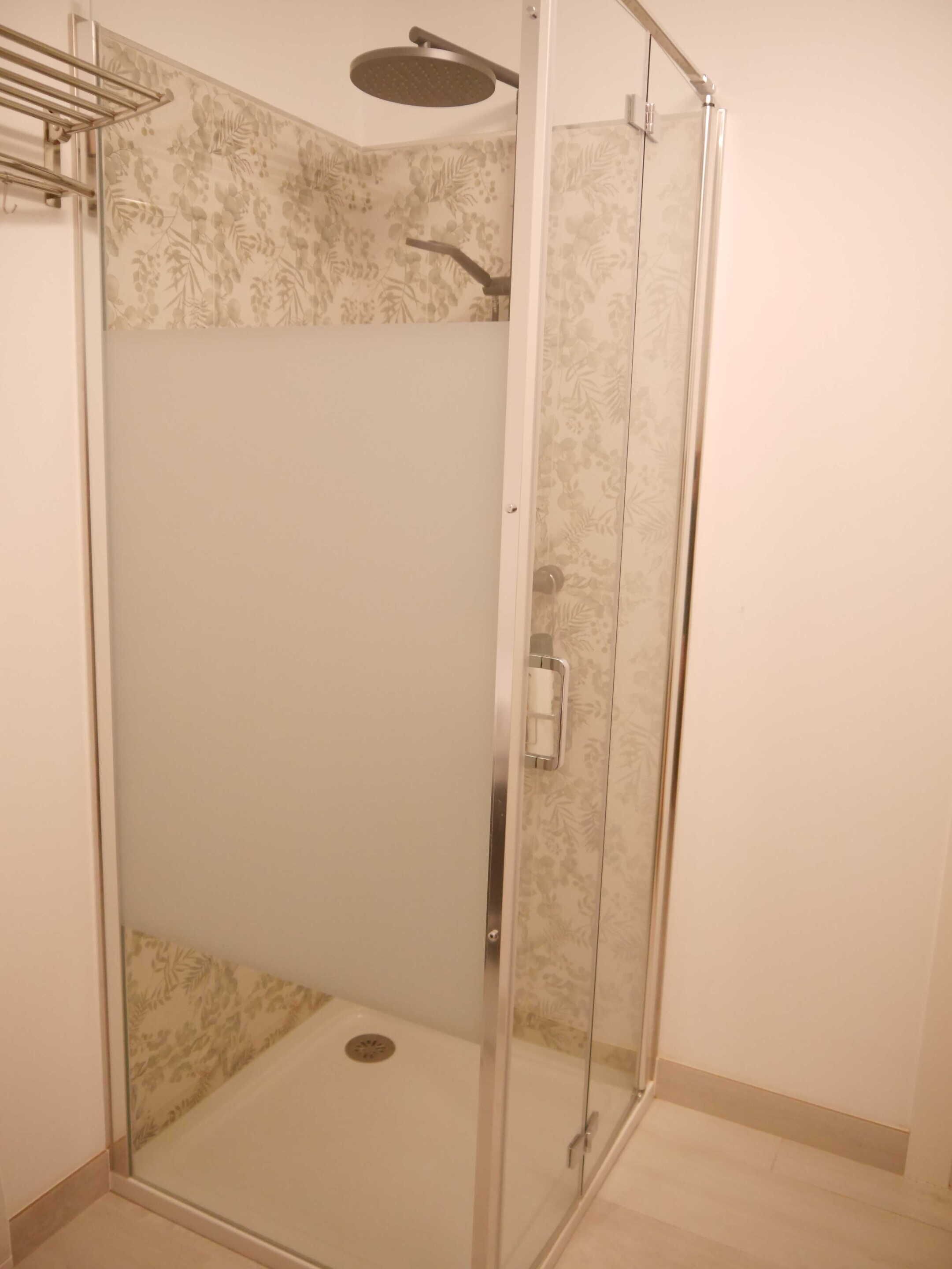 Ducha envuelta en vidrio, con cabezal de ducha de mano, puerta de cristal y pared con diseño.