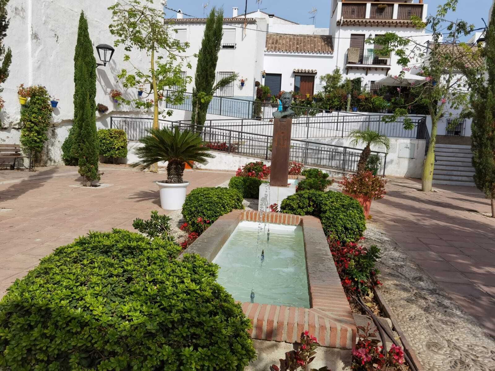 Un patio con una fuente, plantas en macetas y una estatua.