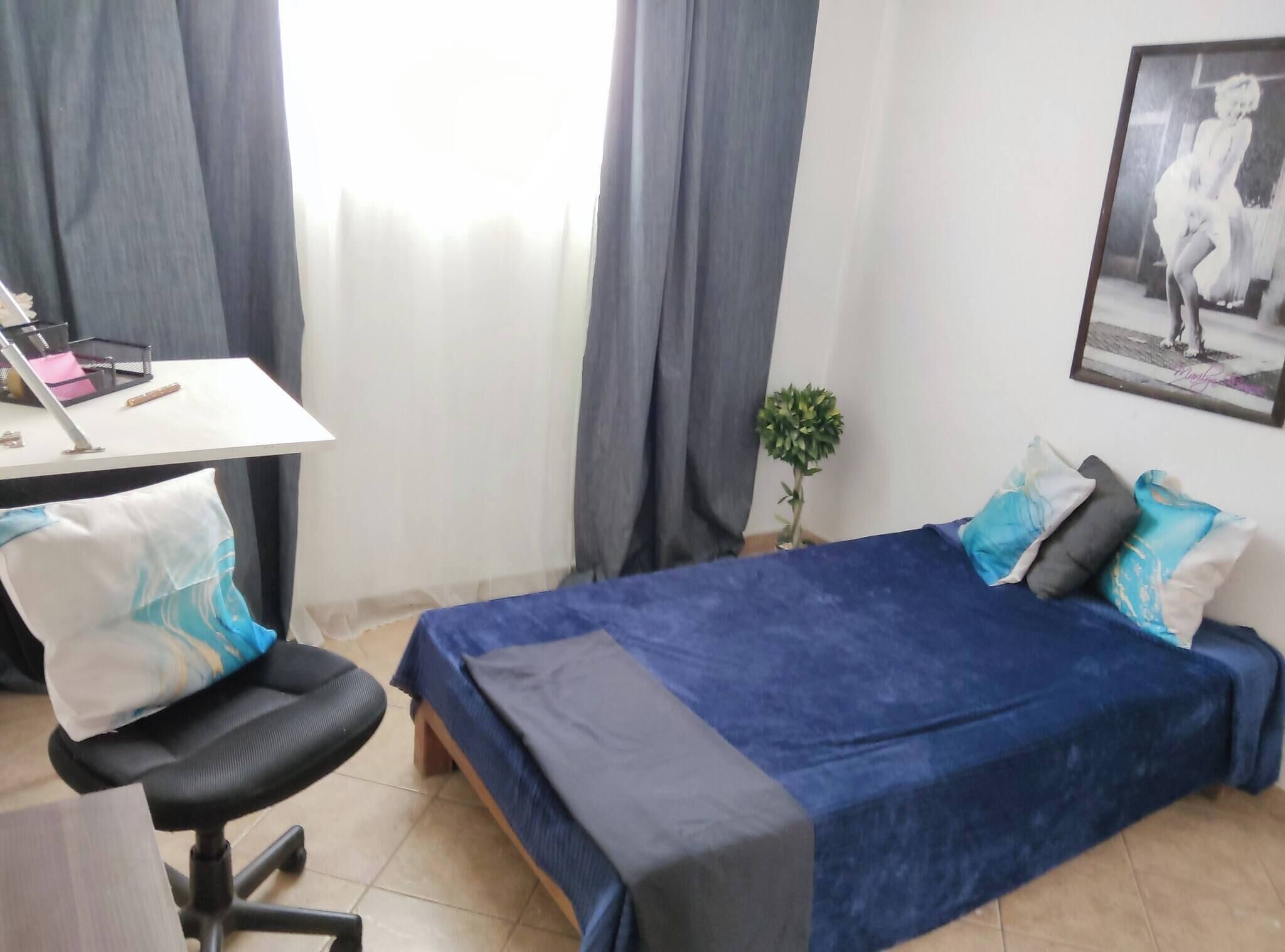 Een slaapkamer met een bed, een bureau, een stoel, een kleine plant en een lijstje aan de muur.