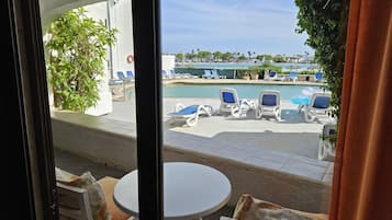 Outdoor pool, pool umbrellas, pool loungers