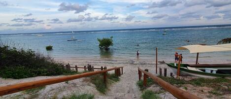 A beach with a wooden staircase leading down to the water, a small tree, and a boat in the distance.