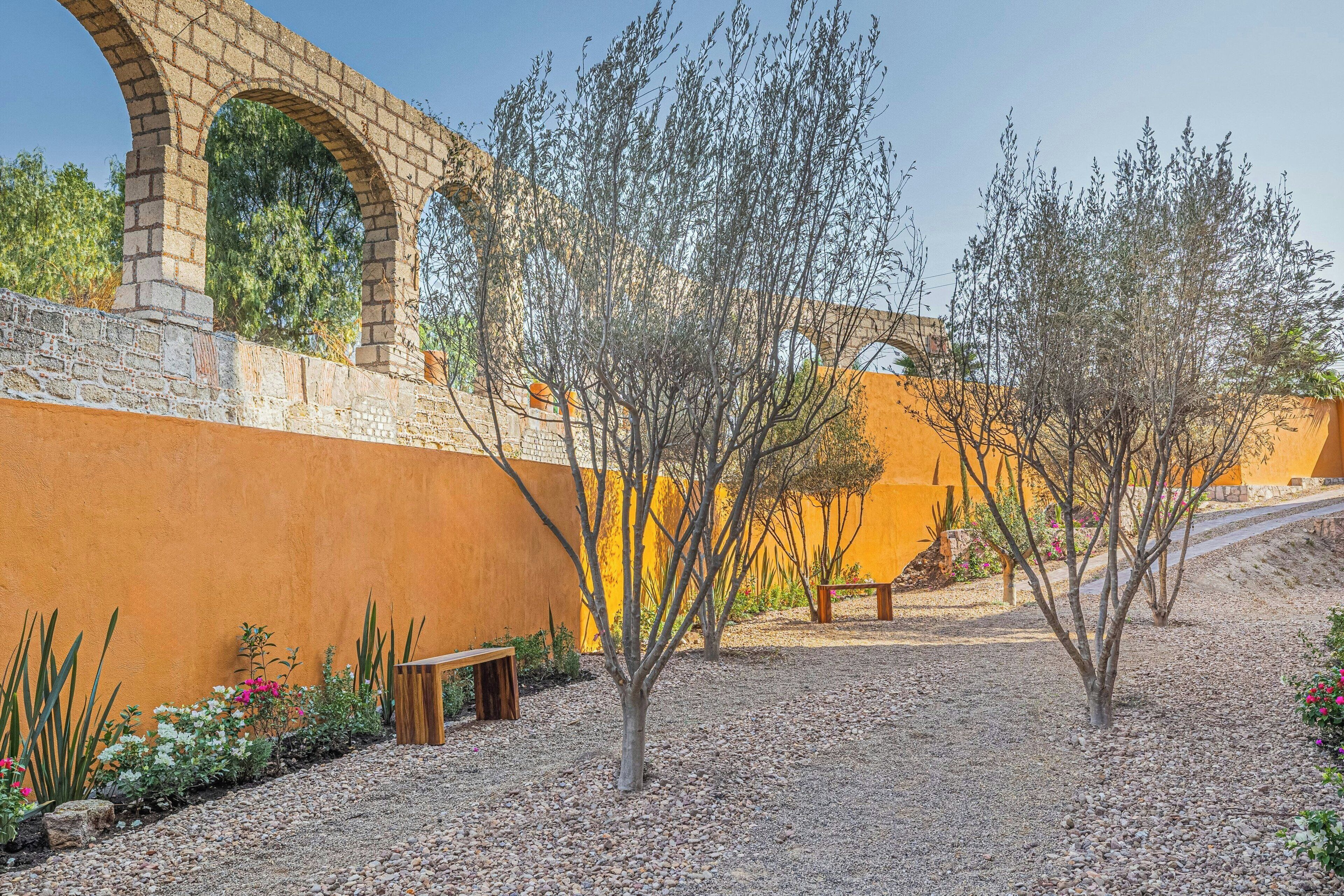 A courtyard with a brick archway, a bench, and a variety of plants.