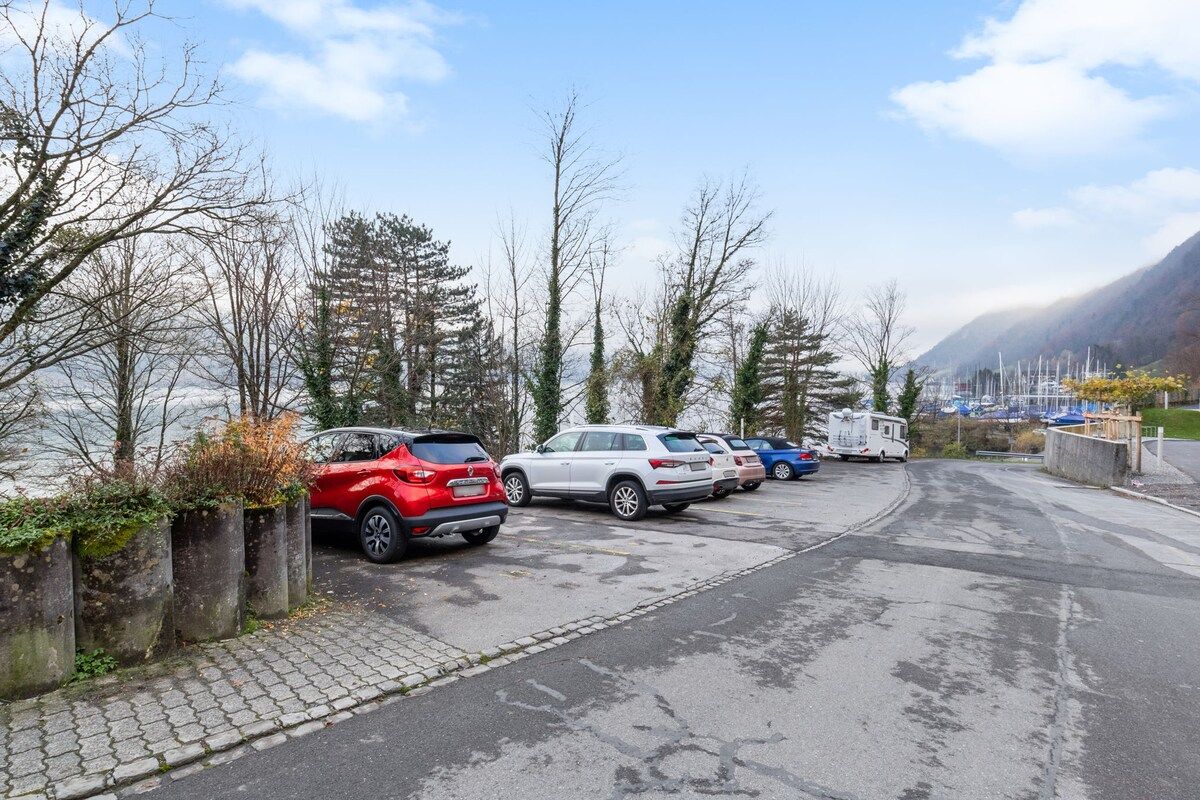 Un espace de stationnement où sont garées plusieurs voitures et un camping-car, le tout entouré d’arbres et avec une chaîne de montagnes en arrière-plan.
