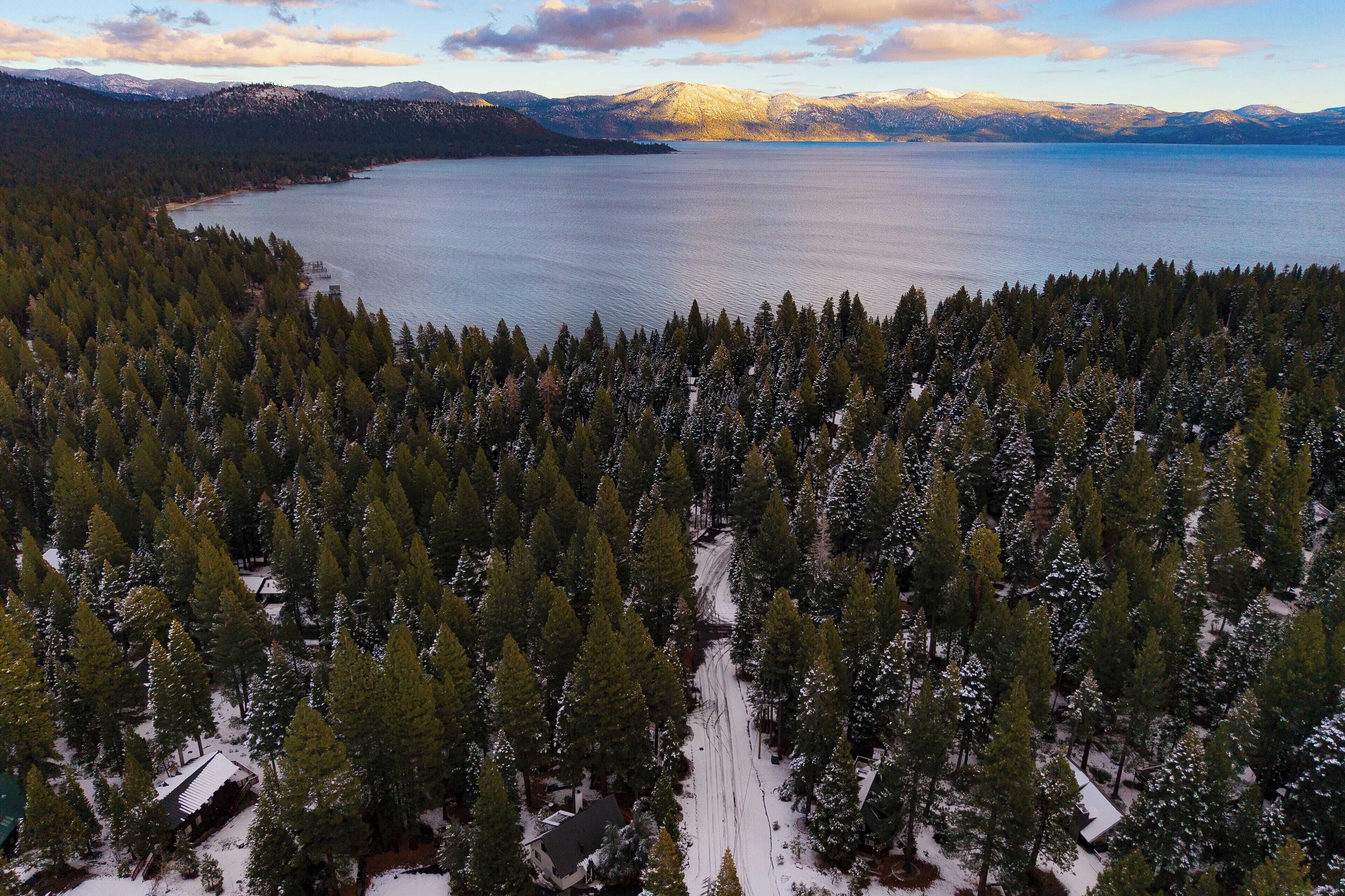 An aerial view of a forested area with a lake and mountains in the background.