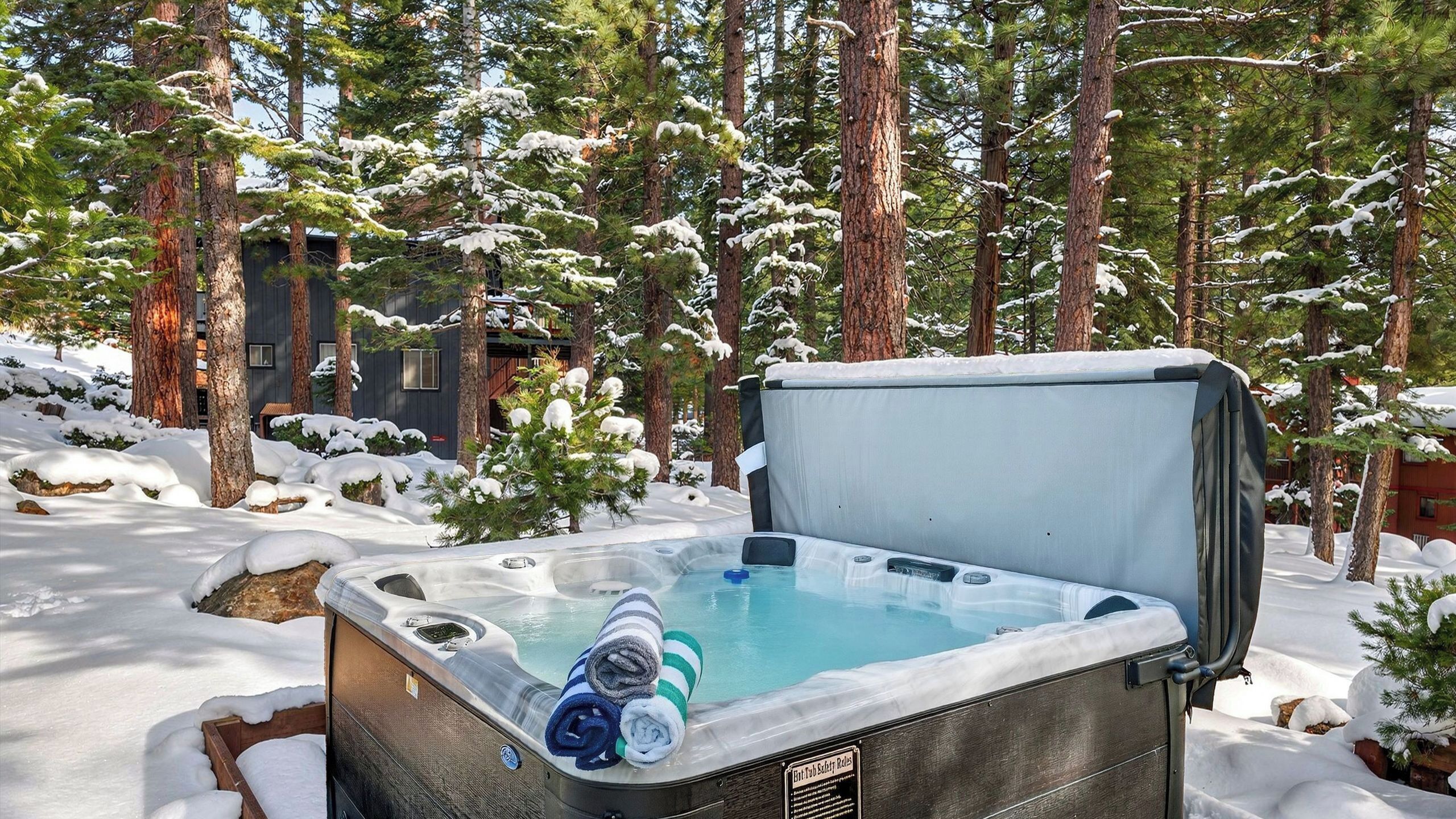 A hot tub in a snowy forest with a house in the background.