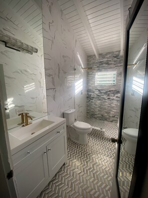 Douche, serviettes fournies, papier toilette