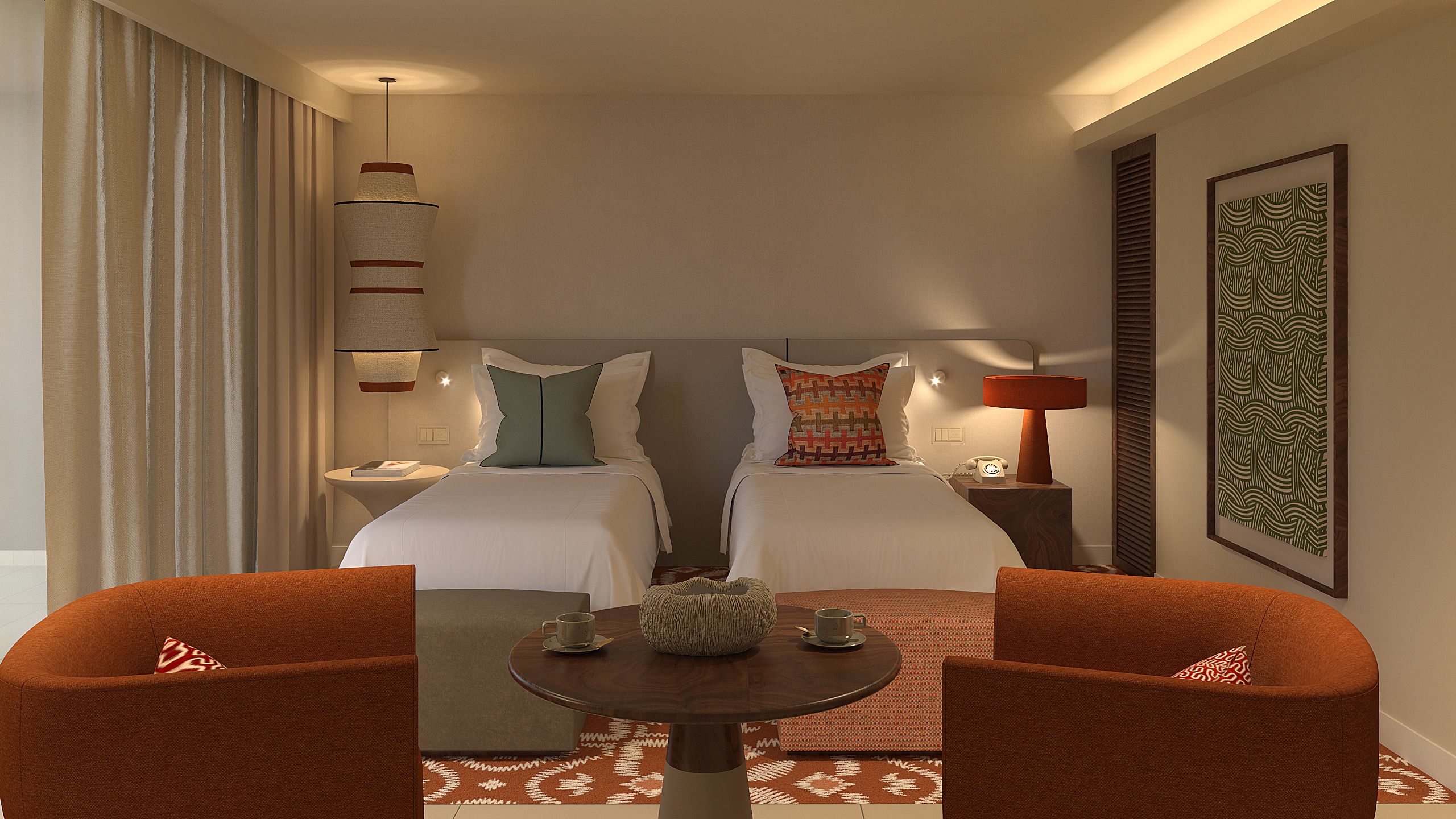 Een hotelkamer met twee bedden, een ronde tafel en twee fauteuils.