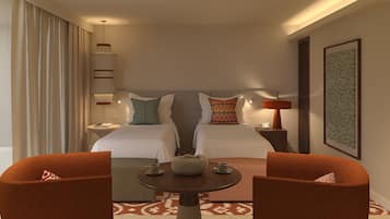 Habitación de hotel con dos camas, una mesa redonda y dos sillones.