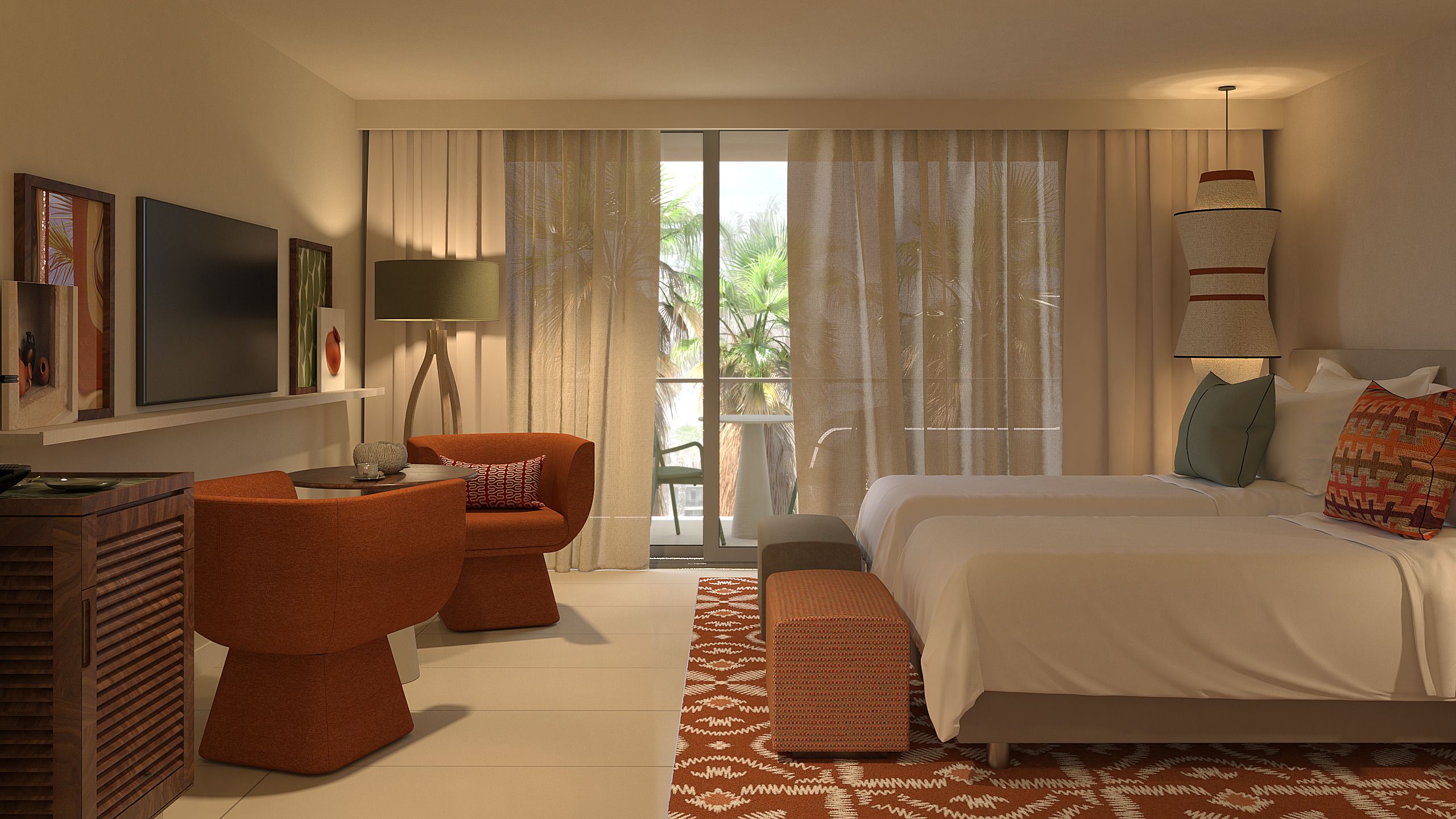 Een hotelkamer met een bed, twee fauteuils, een bureau, een televisie en een balkon met gordijnen.
