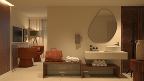 A modern bathroom with a large mirror, a sink, and a toilet. - Kimpton Atlantico Algarve (Albufeira)