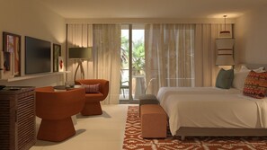 A hotel room with a bed, two armchairs, a desk, a television, and a balcony with curtains. - Kimpton Atlantico Algarve (Albufeira)