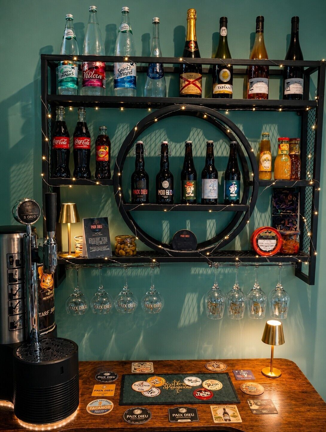 A bar area with shelves of various bottles, glasses, and a coffee machine.