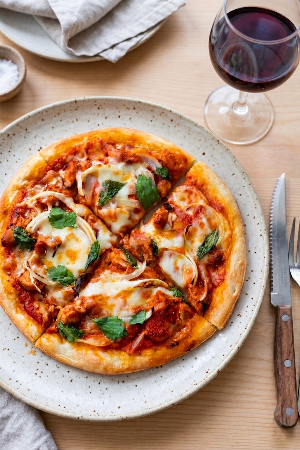 Eine Pizza auf einem Teller mit einem Messer und einem Glas Rotwein daneben.