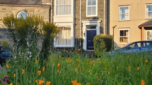 A row of two-story houses with a garden in the foreground. - Afallon Townhouse (Dolgellau)