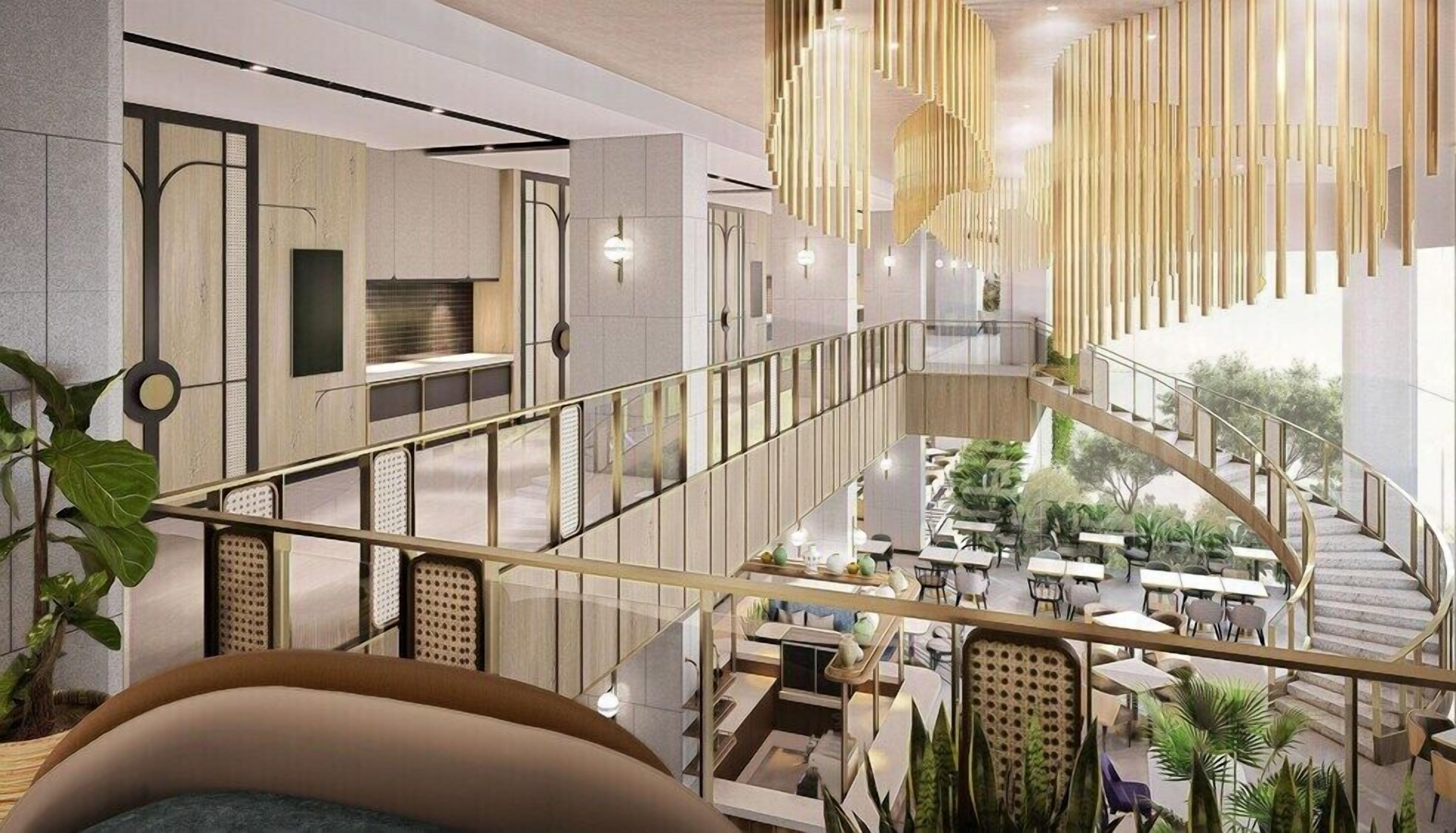 A modern interior with a central staircase, multiple levels, and a dining area with tables and chairs.