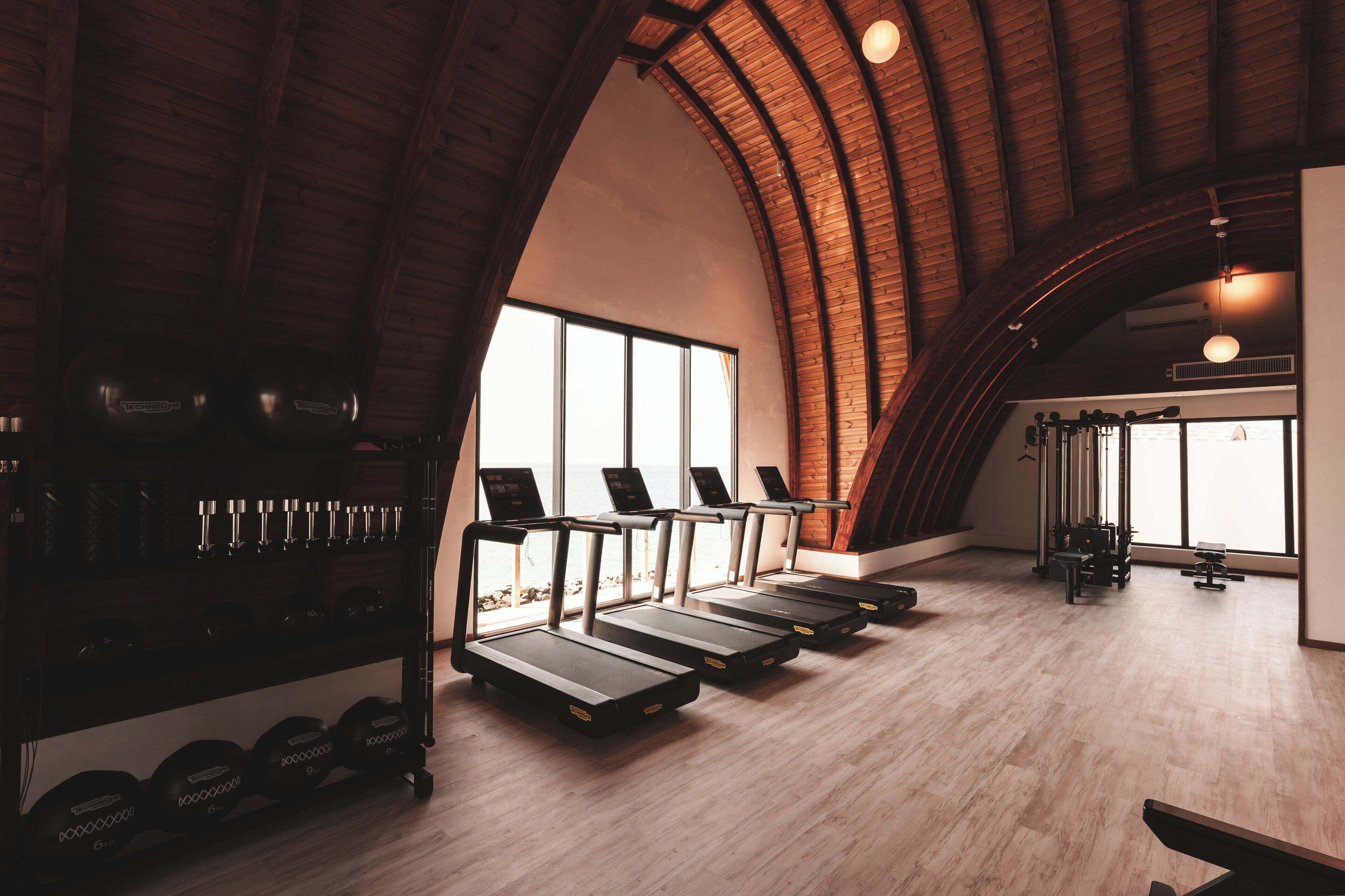 A gym with treadmills, weight machines, and dumbbells.